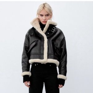 Zara Faux leather fleece collar jacket